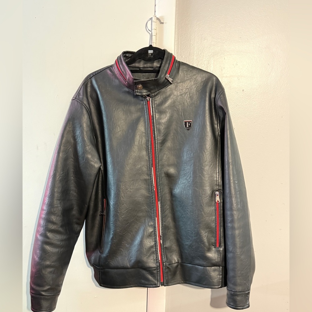 Men's Black Ferrari F collection Italian Leather Zip Jacket with Red Trim